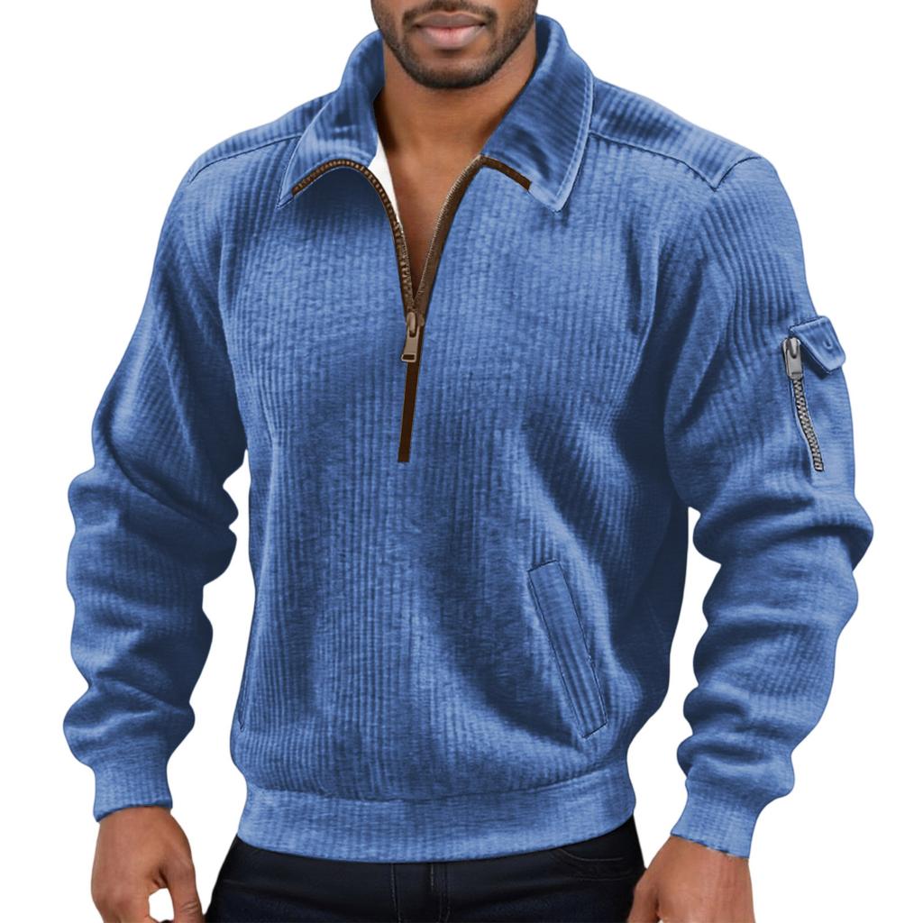 Men's Color Corduroy Zipper Neck Long Sleeve Top Men's Casual Lapel Top