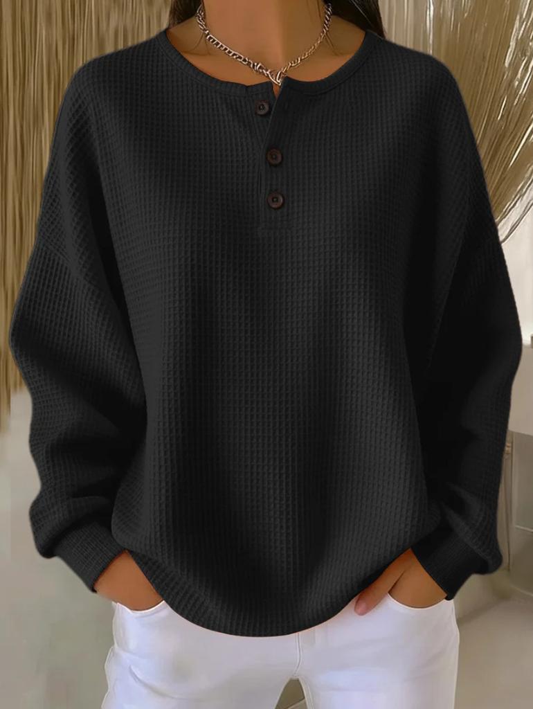 Women's Crew Neck Long Sleeve Waffle Knit Pullover Top Oversized Streetwear Solid Color Casual Blouse