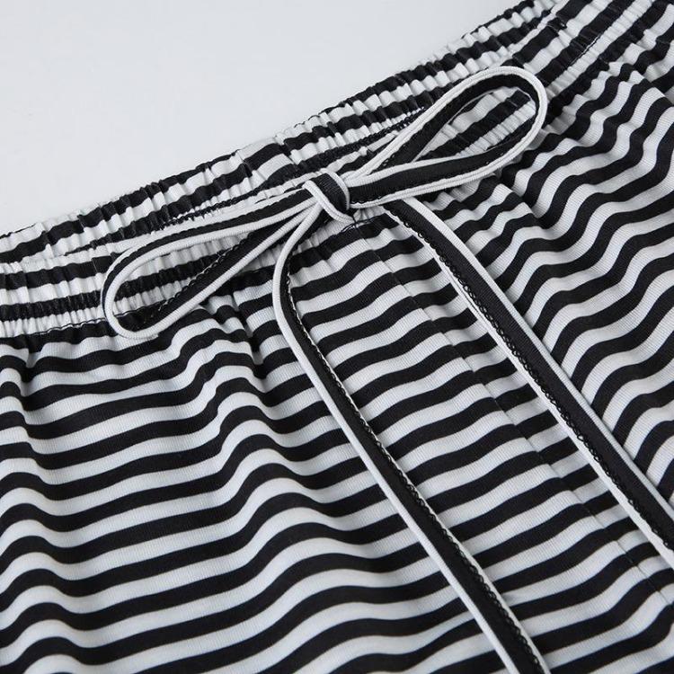 New High Waist Loose Straight Leg Pants for Women American Style Casual Striped Trousers with Lace Up