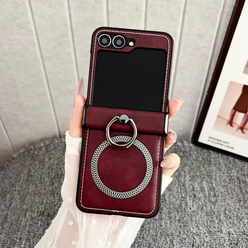 

New Frosted Leather Pineapple Texture Ring Holder Magnetic Phone Case For Samsung Galaxy Z Flip 7 FE 6 5 4 Wireless Charge Cover Galaxy Z Flip7 FE