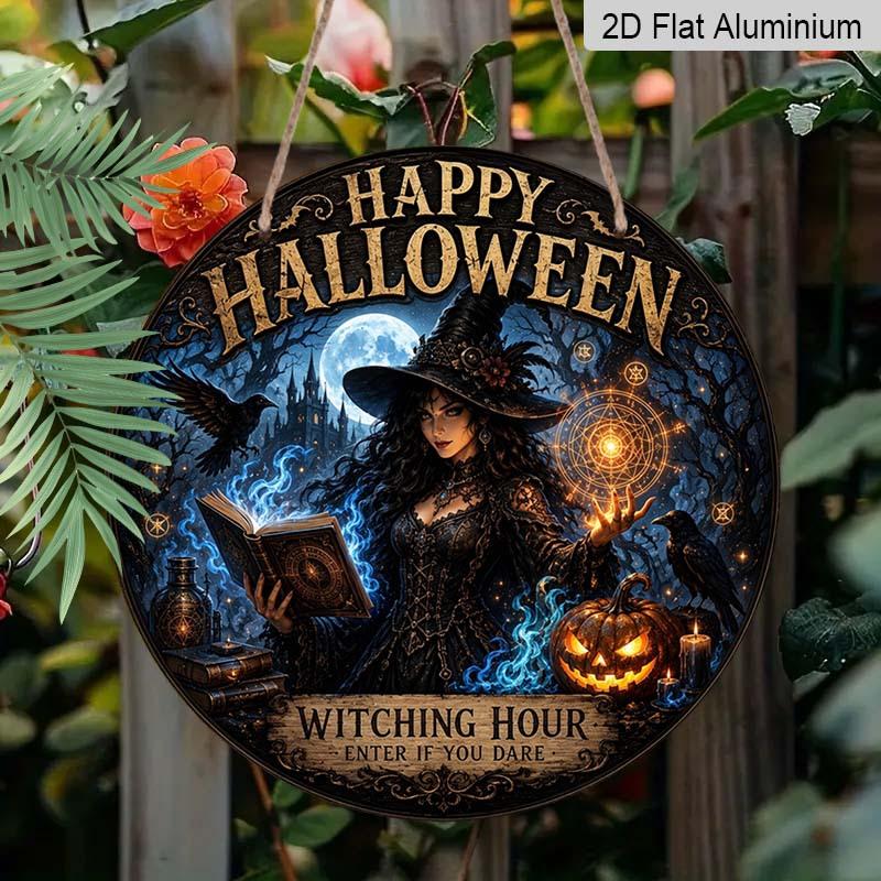Happy Halloween Witching Hour Witch Crow Pumpkin Metal Wall Art 7.87x7.87 / 11.81x11.81 Inch Round Aluminum Sign for Home Garden Halloween Wall Decor