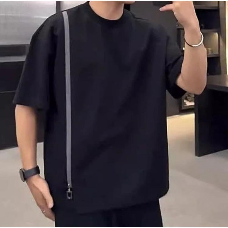 Men's Casual White Crew Neck Side Zipper Loose Fit Short Sleeve