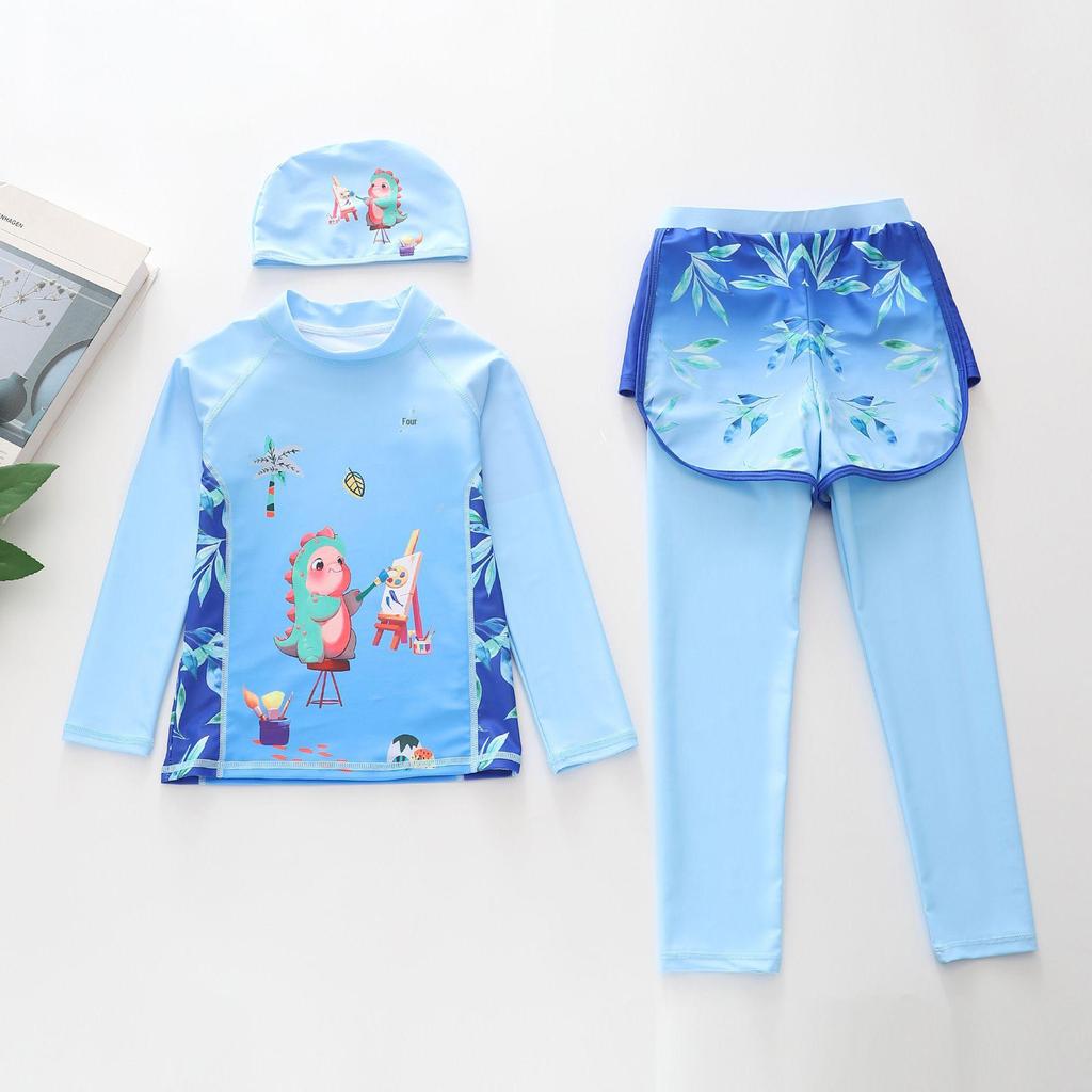 Boys' Quick-Dry Cartoon One-Piece Swimsuit with Long Sleeves and Sun Protection