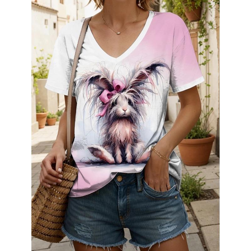 Fashionable New Casual Women's Clothing Color Pattern 3D Printed V-neck T-shirt Daily Loose Women's Short Sleeved T-shirt
