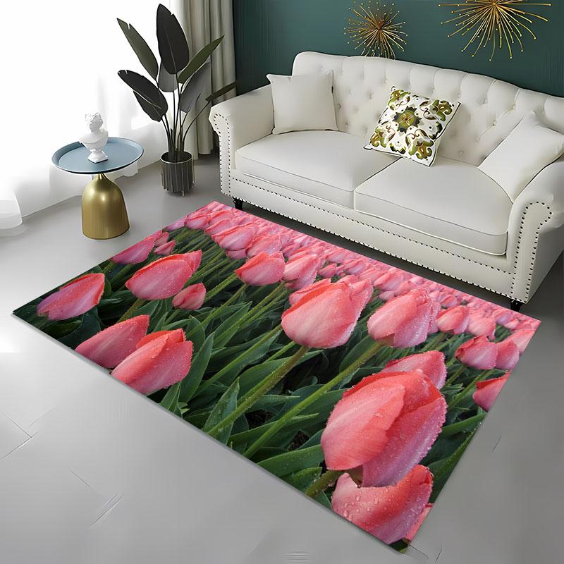 Krásný 3D tištěný koberec s tulipány do obývacího pokoje, ložnice Alfombra Protiskluzový měkký kusový koberec Pohovka Vstupní rohožka Domácí rohožka Dekor Tapete