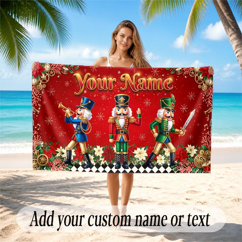 Christmas Theme Quick Dry Beach Towel Custom Name Text Print Large Sand Resistant Towel Beach Vacation