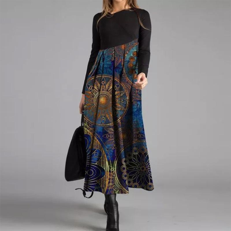 Women Color Block Floral Print Long Sleeve Maxi Dress Casual Loose A Line Long Dress S-XXXL