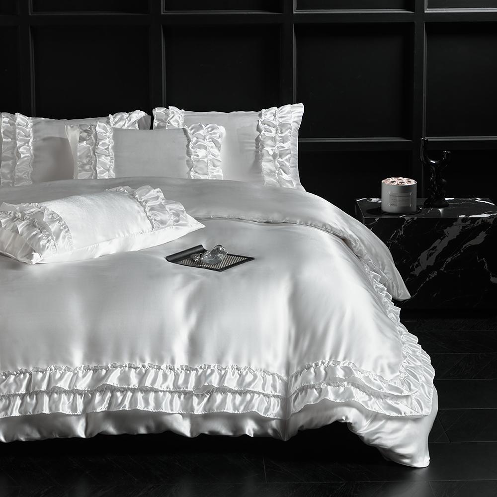 Luxury Satin Double-Layered Ruffles Duvet Cover Set Queen Soft Silky Blanket Cover And Pillowcases Skin-Friendly Quilt Cover