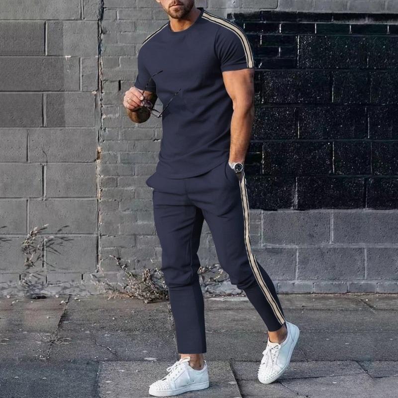 Men's 2-Piece Tracksuit Side Stripe Short Sleeve T-Shirt Jogger Pants Casual Sports Set