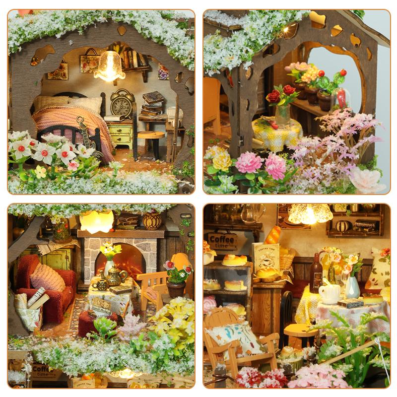 Maison Arbre d'Hiver Neigeuse Villa Kit de Maison de Poupée DIY Fait Main, Kit de Maison Miniature en Bois 3D, Chalet Fantaisiste Petite Maison Décor Cadeau