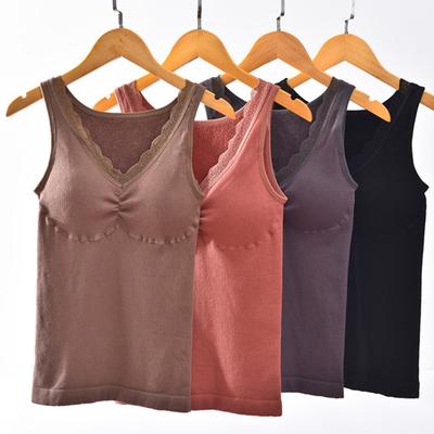 Winter Women Thermal Vest with Chest Pads Seamless Lace V Neck Fast Temperature Lock Heating Slim Fit Elastic Sleeveless Inner Wear Bottoming Tank Top