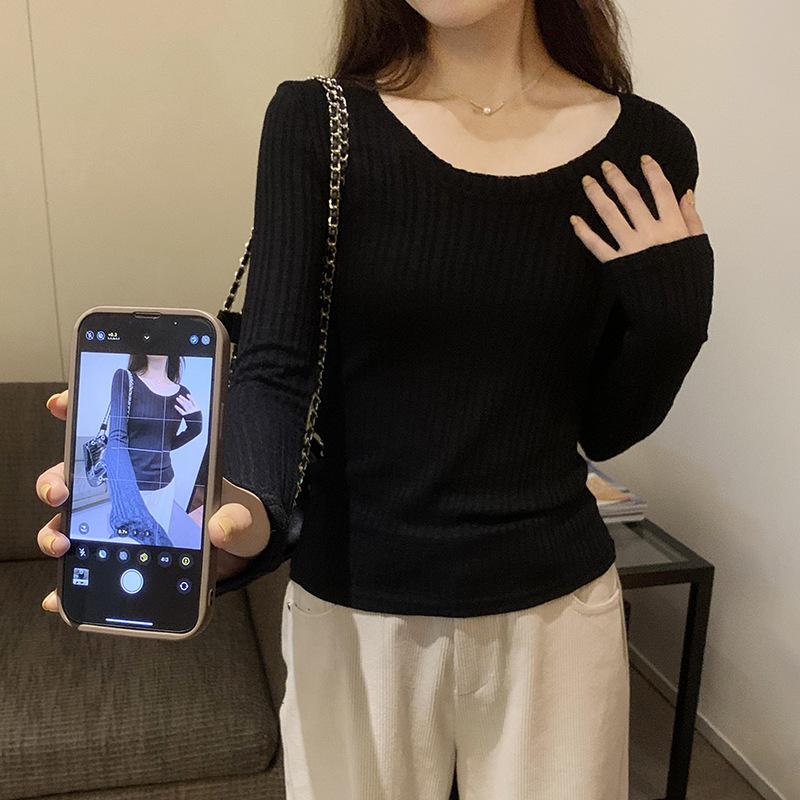 

Простая футболка с круглым вырезом, рубчик, эластичная, облегающая, с длинным рукавом, женская, осенне-зимняя, новая, базовая, трикотажный топ XL