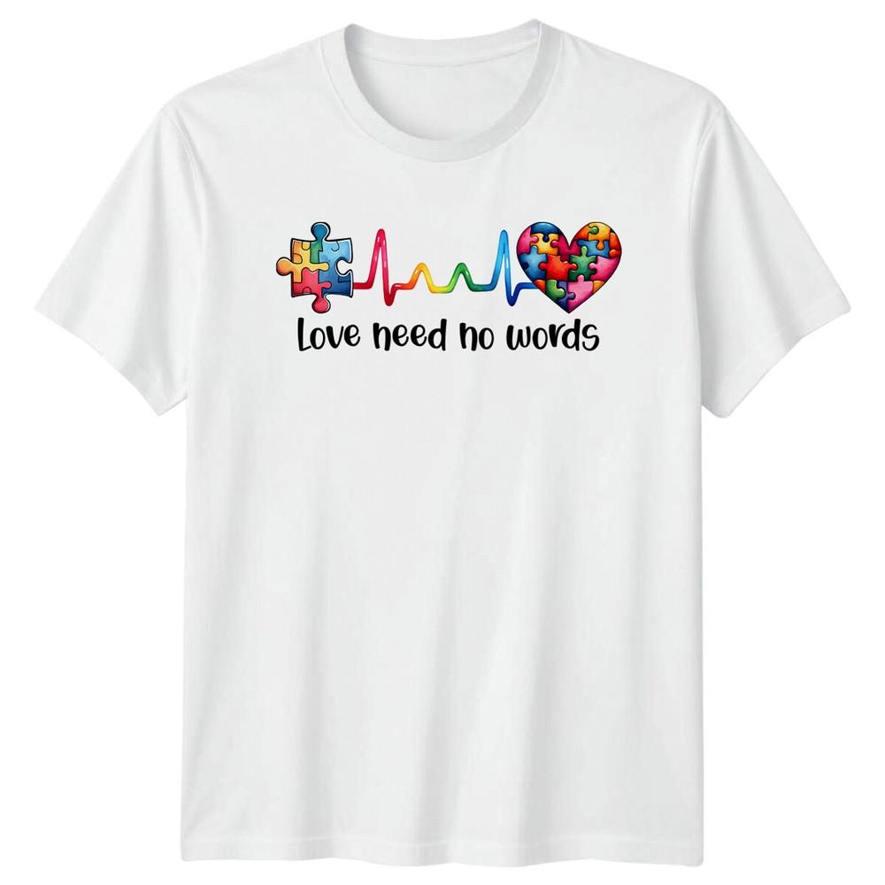 Autism Awareness Love Need No Words Puzzle Heartbeat Graphic TShirt S