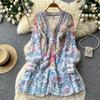 French romantic style V-neck floral dress for women's spring and autumn long-sleeved high-waisted lace-up and thin temperament A-shaped skirt