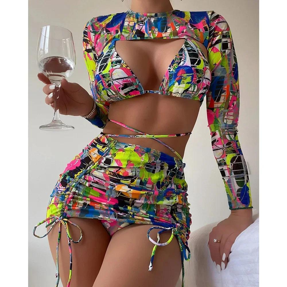 Sexy bedruckte 4-teilige Bikinis Damen Damen Push-up Bademode mit Wickel Langarm Rock Badeanzug Badeanzug Strandbekleidung Weiblich