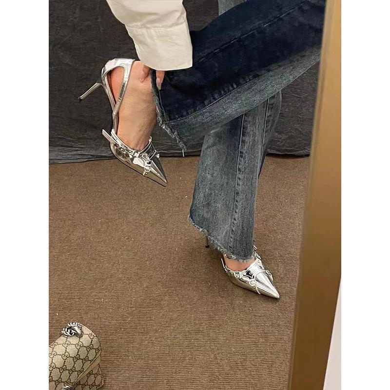 Sommer neu sexy silberner dünner Absatz spitz hohe Absätze Weiblichkeit Nischenmode Mary Jane Einzelschuhe Frauen