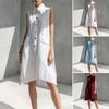 Damen Sommer Hemdblusenkleid Knopfleiste Ärmellos Revers Midi Tankkleid Lässige Tunika Strand Sommerkleid mit Taschen