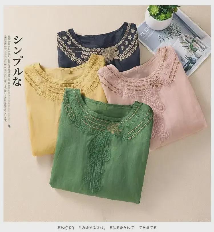 2024 Spring/Summer Loose Retro Embroidered Cotton-Linen Half-Sleeve Women's Shirt