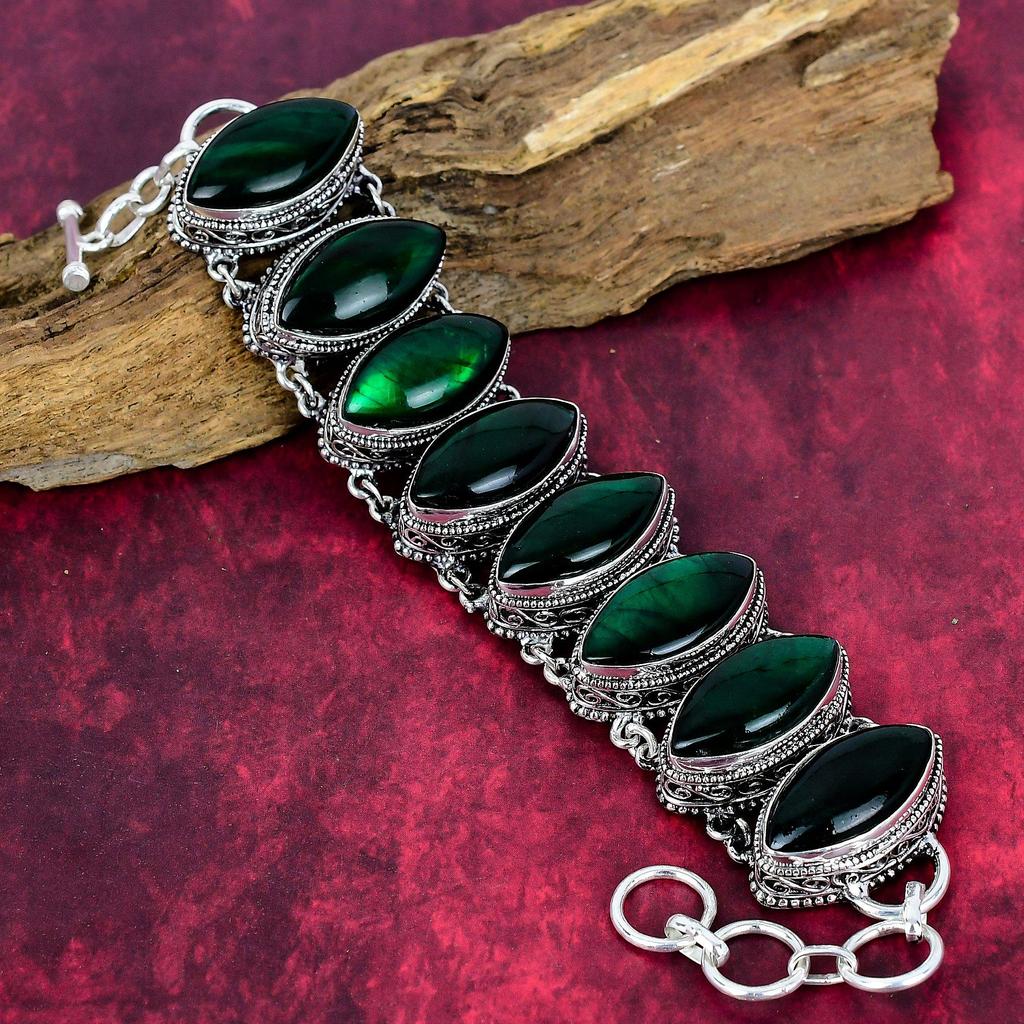 Green Flash Labradorite Handmade Gemstone Bracelet, 925 Solid Sterling Silver Bracelet Antique Jewelry, Adjustable Chain Bracelet Engagement Gift