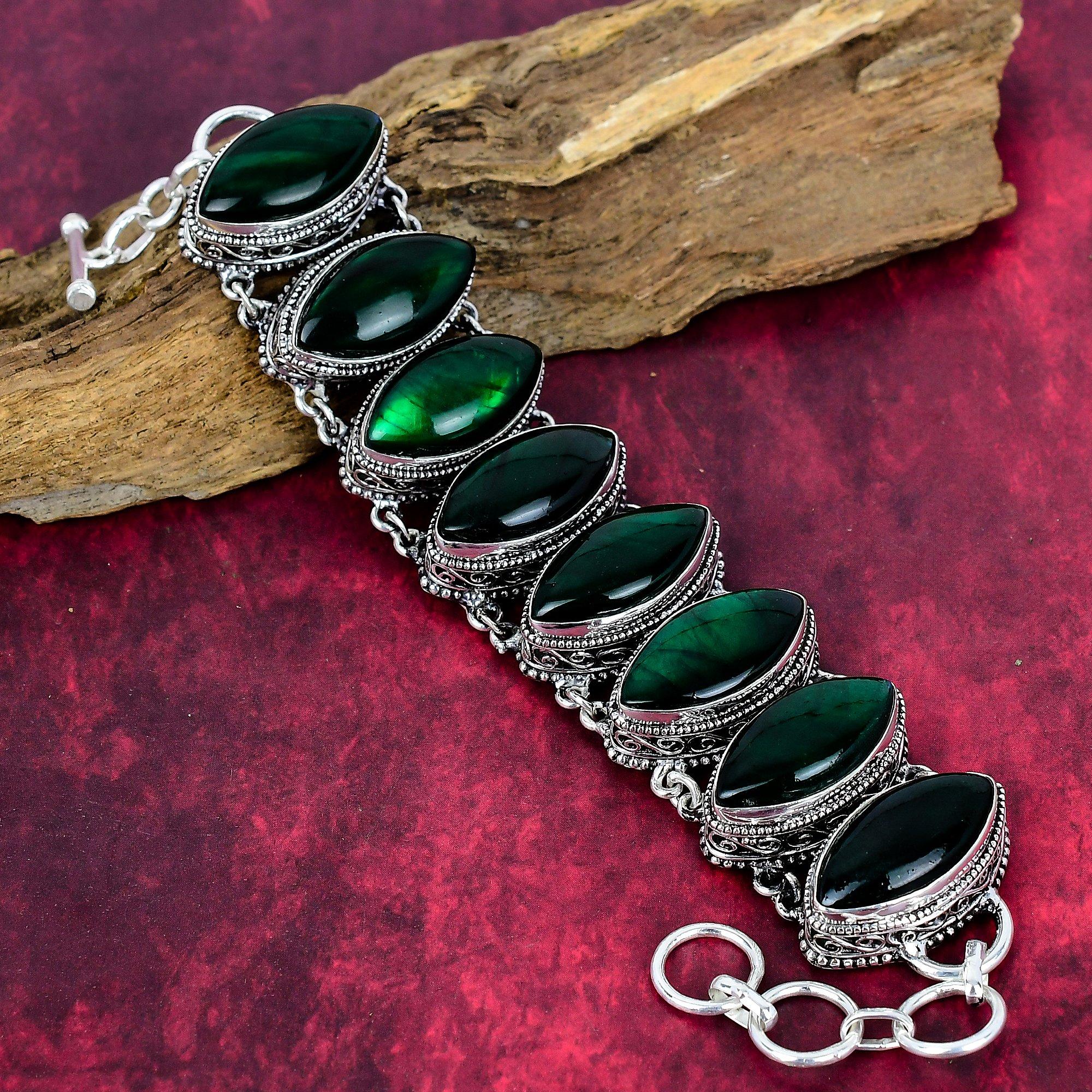 

Браслет ручной работы из драгоценного камня Green Flash Labradorite, браслет из стерлингового серебра 925 пробы, старинные ювелирные изделия, регулируемый браслет-цепочка, подарок на помолвку