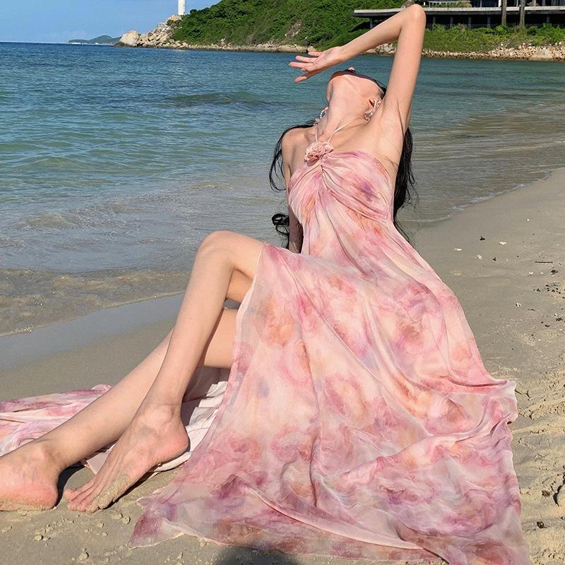 Hochwertiges leichtes Luxus-Kleid mit dreidimensionalem Blumen-Nischenhals, für den Sommer, den Strand oder den Urlaub, für Damen