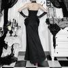 Y2K Goth Cross Lace See Through Flared Sleeve Club Dresses Vintage Punk Elegant Lace-up Maxi Dress Halloween
