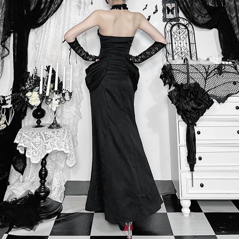 Y2K Goth Cross Lace See Through Flared Sleeve Club Dresses Vintage Punk Elegant Lace-up Maxi Dress Halloween