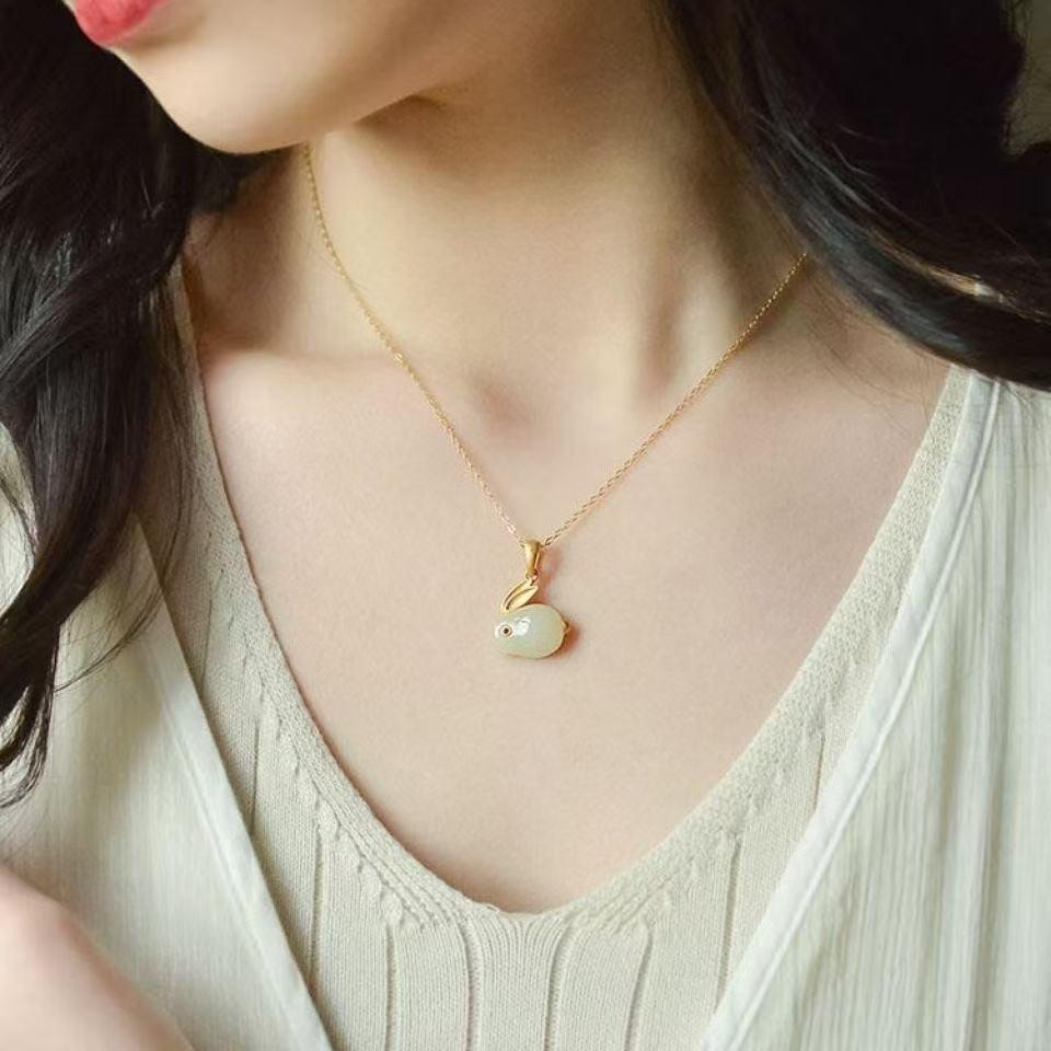 Elegant Gold Double-Ear Jade Rabbit O-Ring Chain Necklace for Women