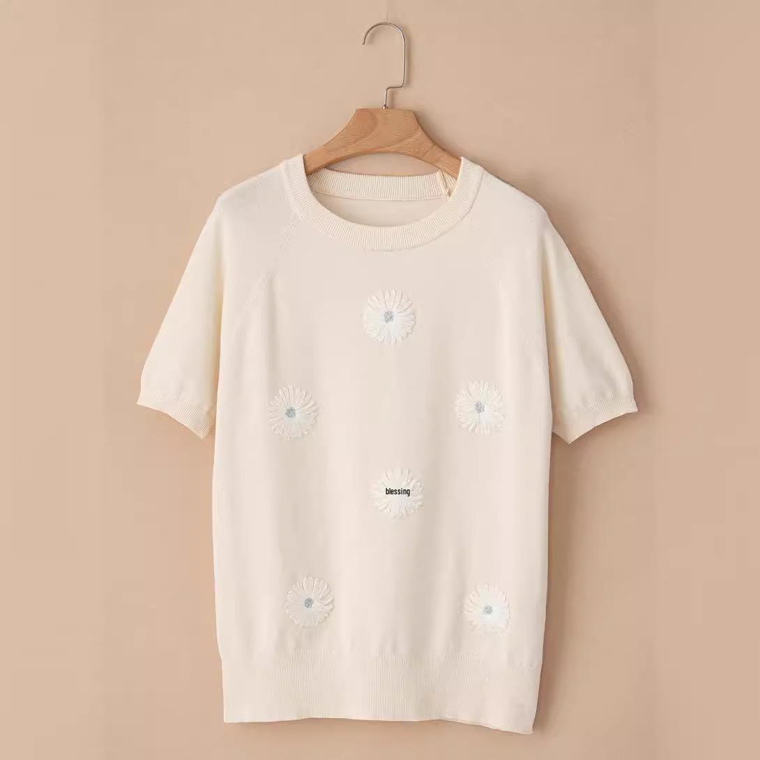 

Женский вязаный пуловер Shiying с цветочным принтом, круглым вырезом и короткими рукавами L бежевый