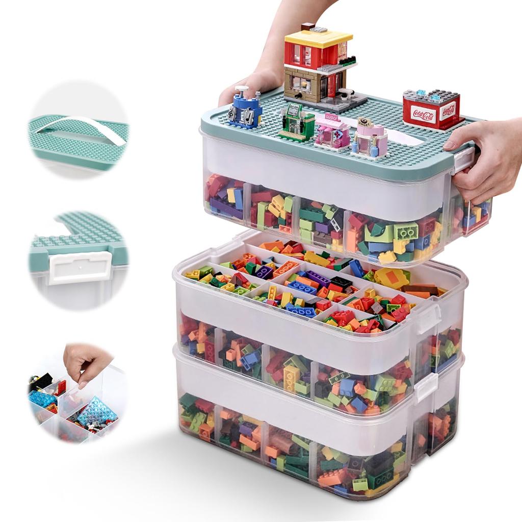 LAMPTOP Toy Storage Box with Lid for Lego, Duplo, and Toys, 3-Tier Stackable Plastic Storage Box for Kids, Transparent, Organized (Green)