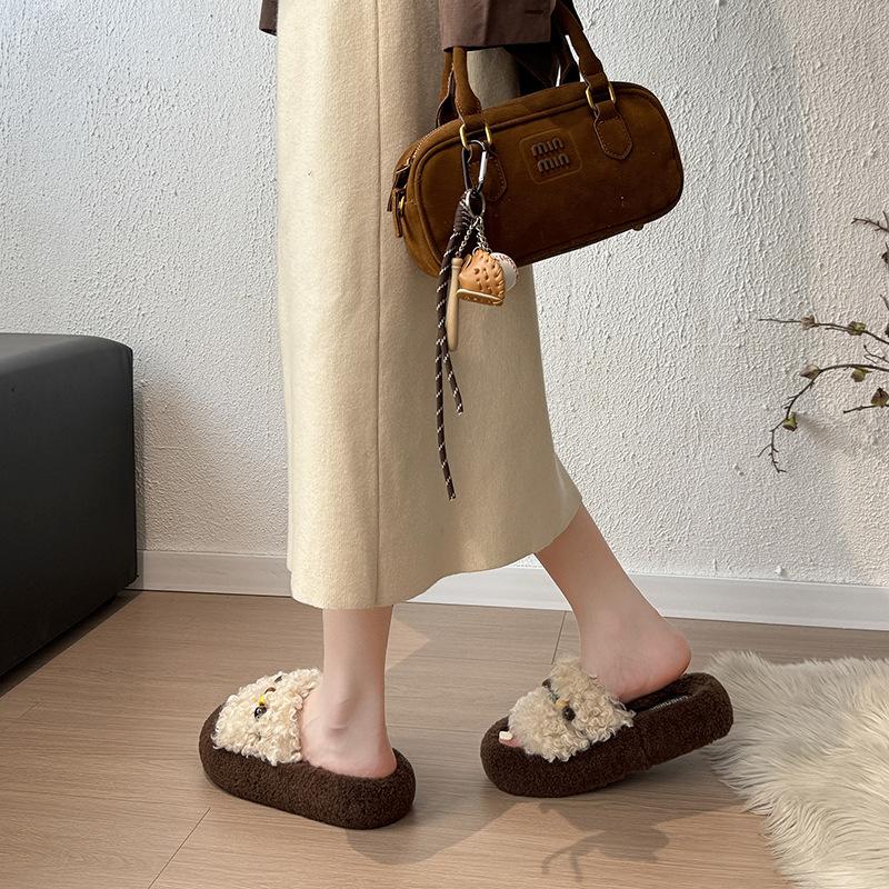 Thick-bottomed outer wear high-end fluffy slippers for women's 2025 autumn and winter new versatile fashion beaded cotton slippers