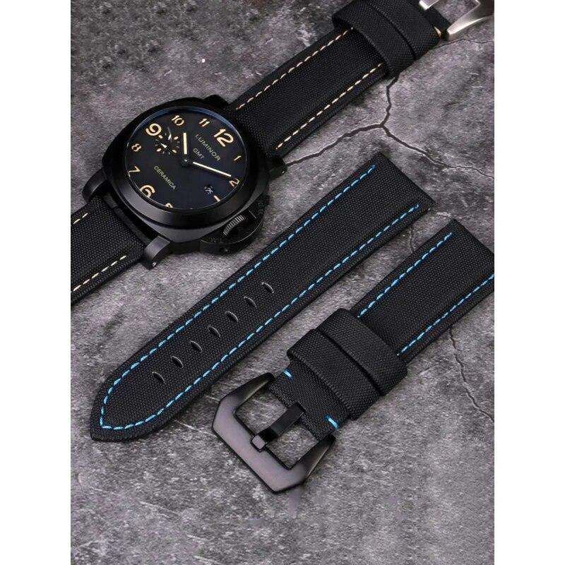 22mm 24mm 26mm Nylon Texture Leather Watchband for Panerai PAM01661 441 Marina Watch Strap Black Blue Line Watch Accessories