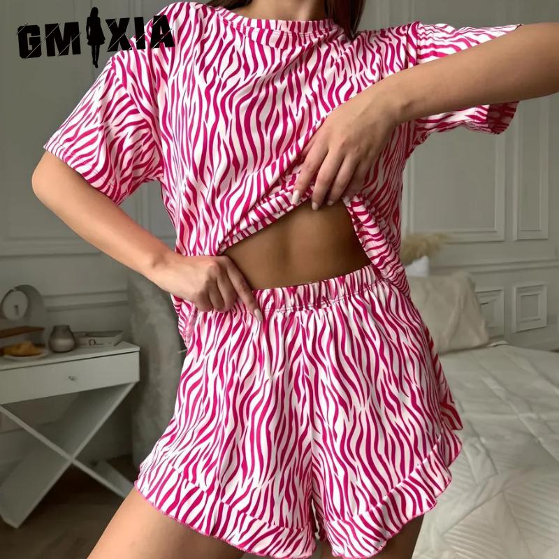 

GMXIA Женский пижамный комплект Модный Простой Зебра Полоски Свободный С коротким рукавом Шорты Домашняя одежда XL красный