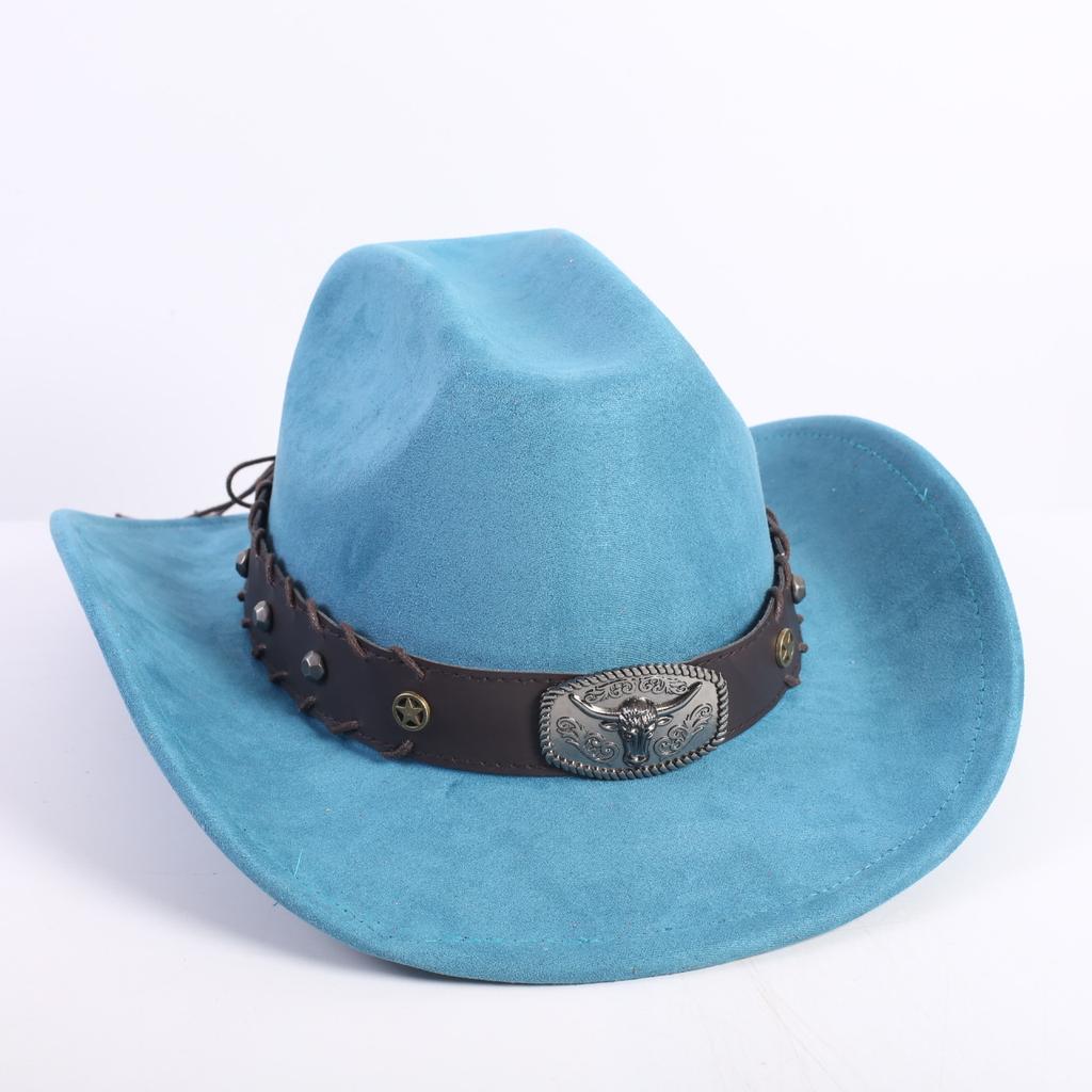 New western cowboy hat men's and women's wide-brimmed top hat bull head rivet belt buckle sun hat