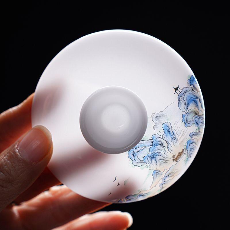 „Set de ceai Gaiwan din porțelan jad Jingdezhen cu capac planant și farfurioară – Ceașcă de ceai Kung Fu chinezesc tradițional”