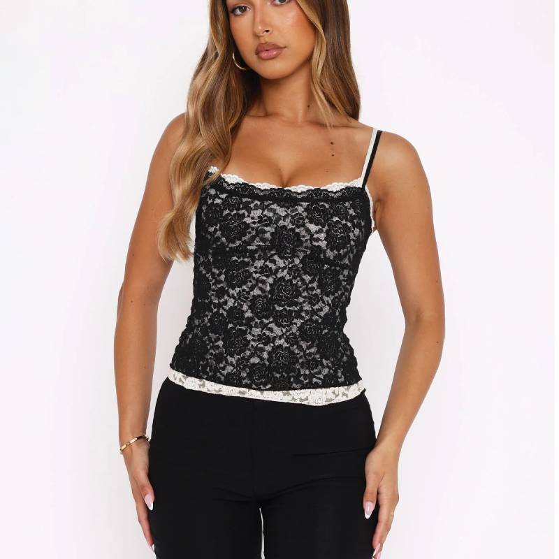 Lace Panel Black Sleeveless Top With Nylon Blend For Adult Night Out Fashion