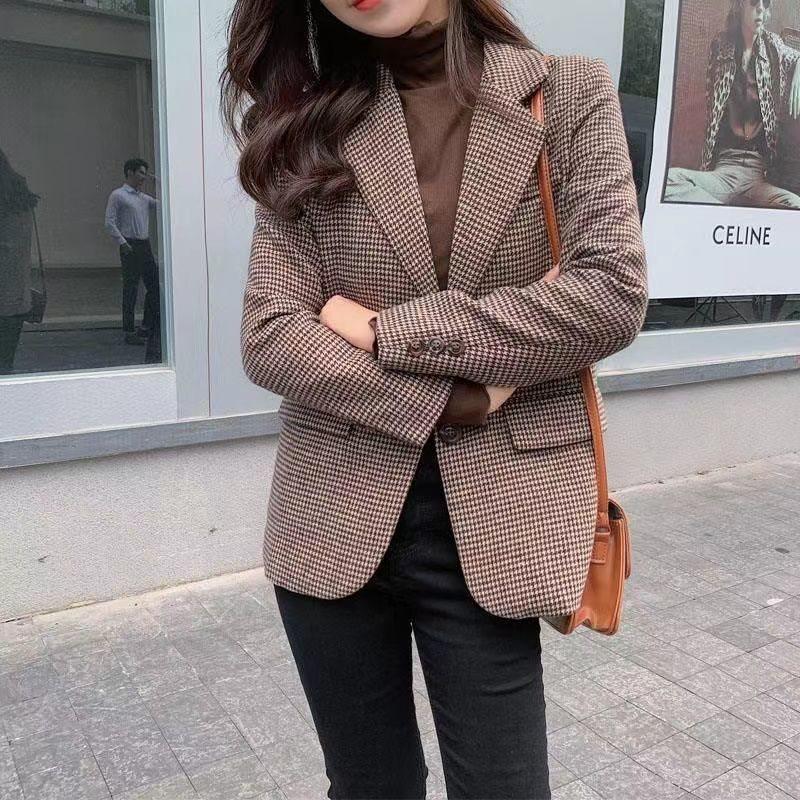 Sacou damă petite cu carouri houndstooth - Stil coreean și britanic 2025 pentru primăvară/toamnă
