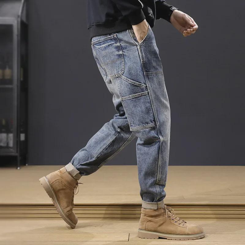 Men's Trendy Retro Harem Jeans: Loose Fit, All-Season, Straight Overalls.