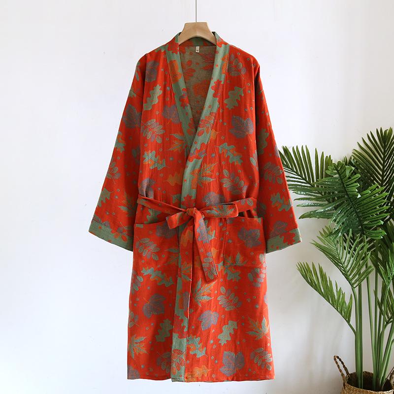 

Женская кимоно-ночная сорочка из чистого хлопка, окрашенного в пряже - Весенне-осенний халат средней длины в стиле ретро, пижама M for 90-130 Jin