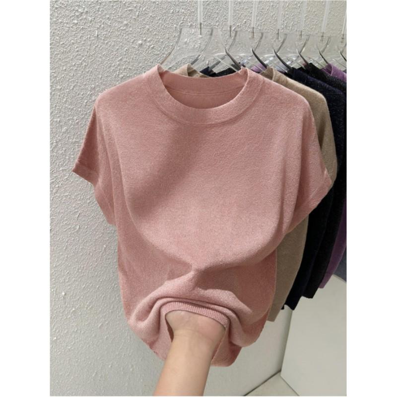 Damen Sommer Rundhals Dünnes Lockeres T-Shirt Einfarbiges Design Stricktops