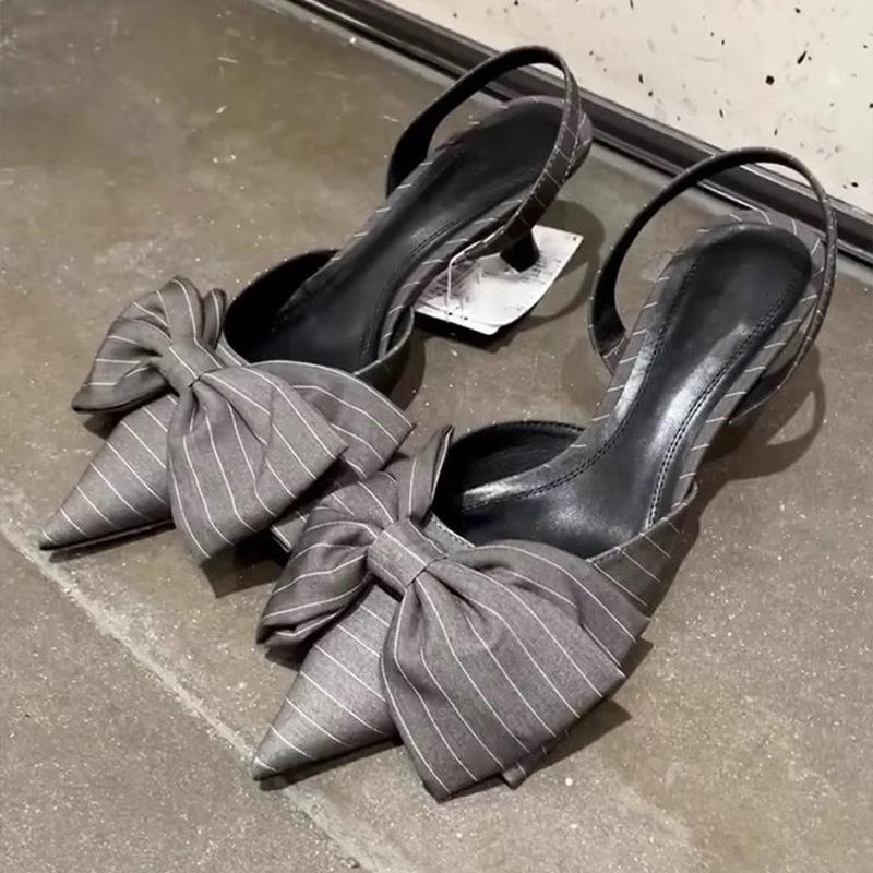 Striped Bow Pointy Toe Back Empty Sandals for Women with Slim Heels