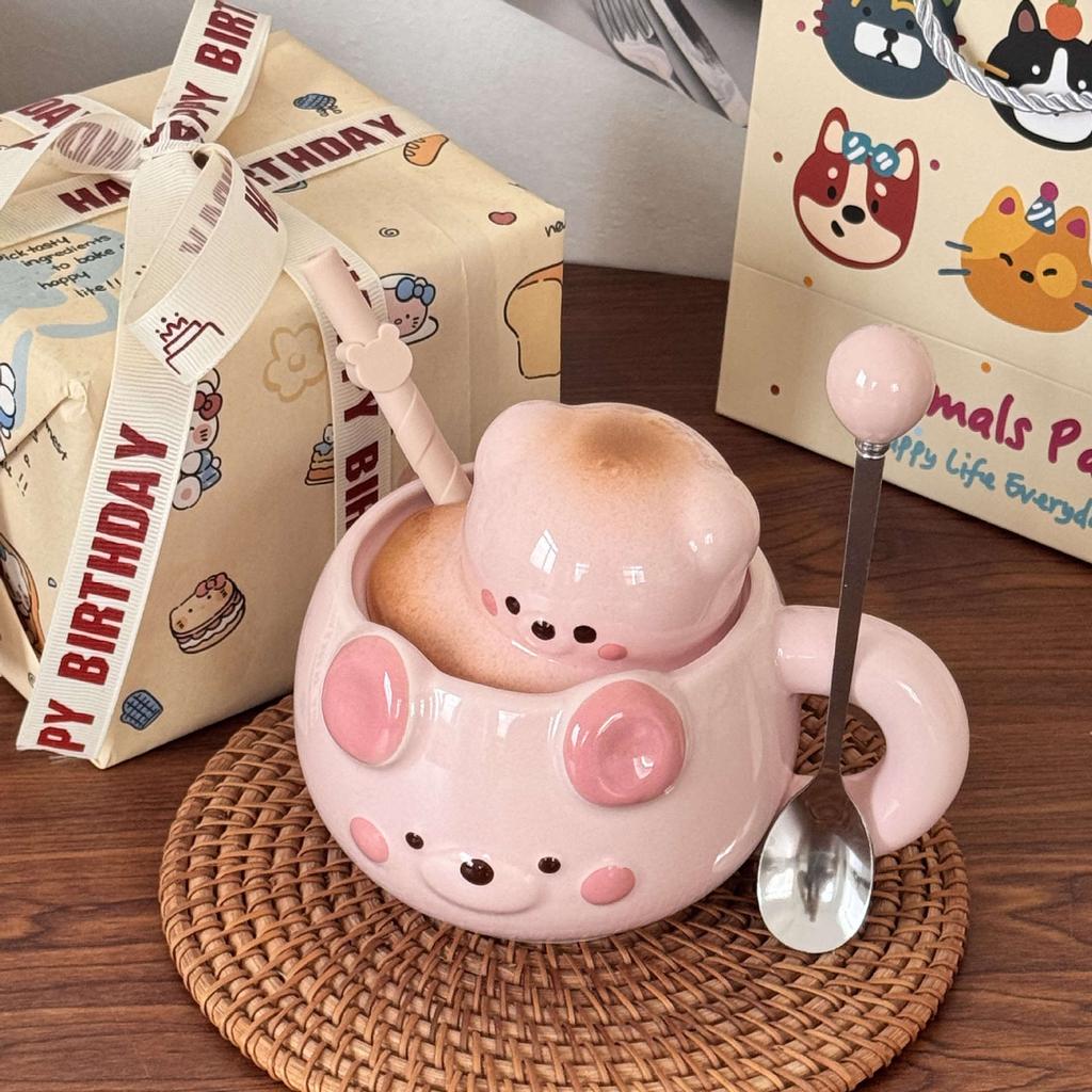 Birthday gift cute bear ceramic mug gift box couple straw water cup for girls
