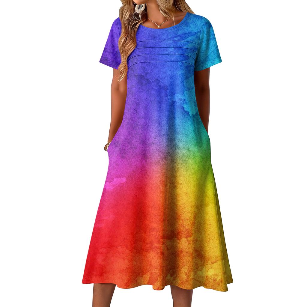 Ladies' Printed Casual and Fashionable Short Sleeved Round Neck Dress