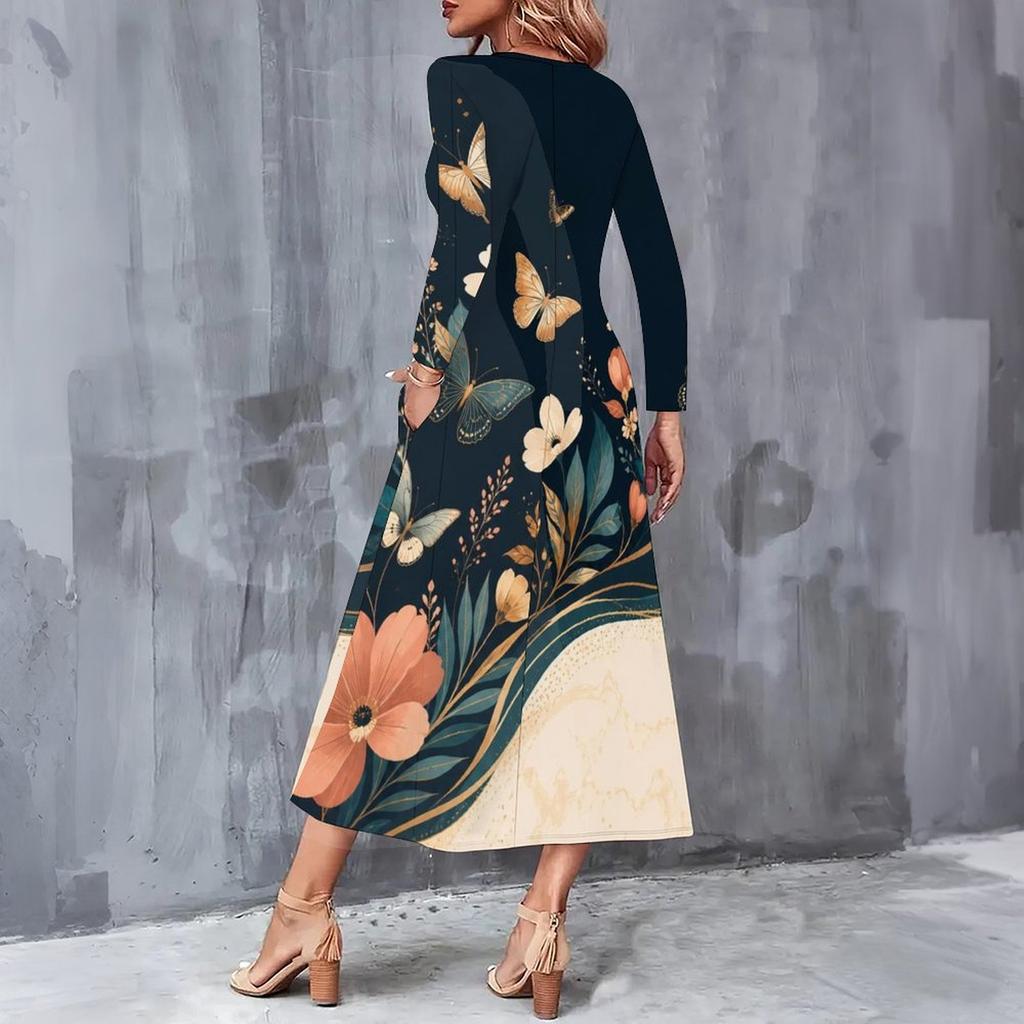 Women Plus Size Long Sleeve V Neck Butterfly Printed A Line Midi Dress With Pockets