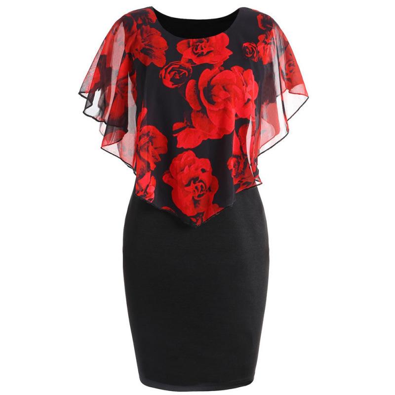 

Rose Print Slim Fit Plus Size Dress with Shawl 5XL красный