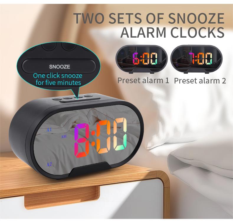 Desktop Mirror Led Alarm Clock Simple Led RGB Display Time with Stepless Volume Adjustment Mirror Clock for Deep Sleeper