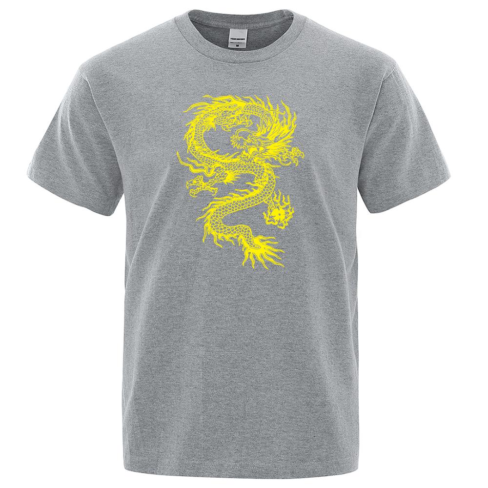 Chinese Style Yellow Dragon Printing Mens T-Shirt Cotton Loose T-Shirt Cotton Brand Oversized Streetwear Breathable Tshirt