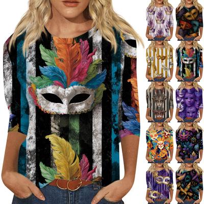 Top de Cuello con Estampado de Carnaval de Manga Tres Cuartos Casual y a la Moda para Mujer