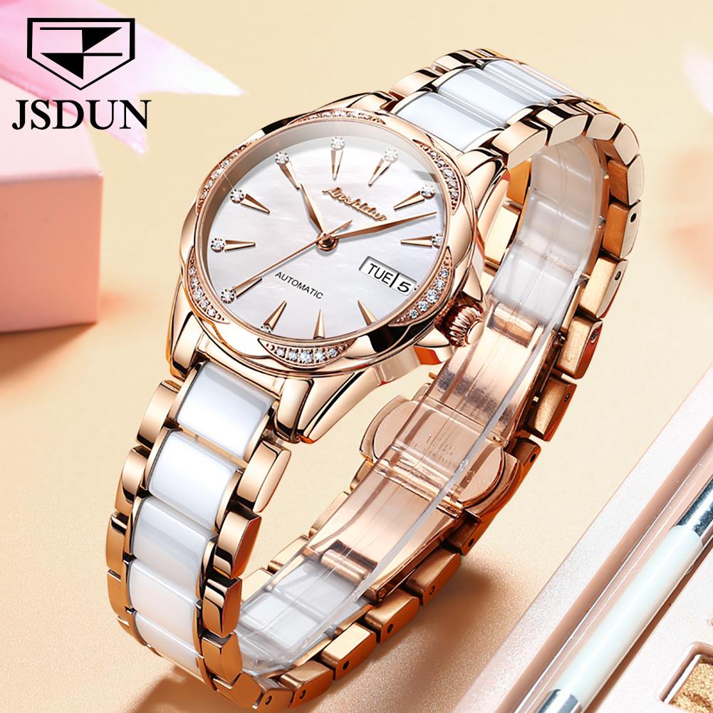 JSDUN Automatische Mechanische Uhr für Damen Luxus Diamant Perlmutt Zifferblatt Elegant Roségold Keramikarmband Damen Armbanduhren