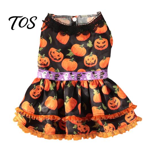 Soft Dog Clothing Halloween Pumpkin Dress, Black Lace Neck Outfit, Ruffled Festive Costume Autumn Pet Party for Small Dogs Holiday Dress